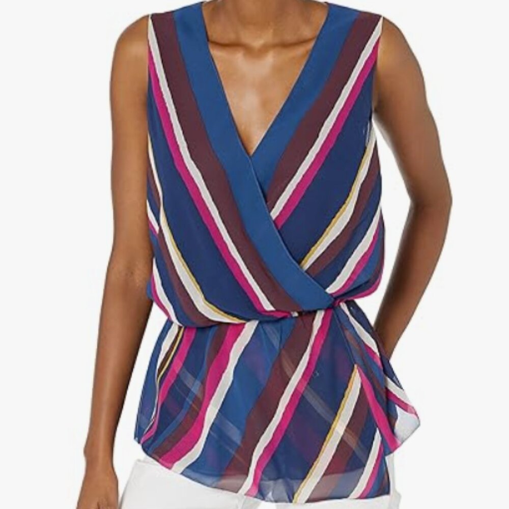 Trina Turk faux wrap rainbow stripe blouse asymmetric hem size XS multicolor